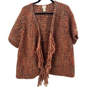 Chicos Boho Katarina Cardigan Sweater Brown Marled Knit Fringe Chain Sz 1 Medium